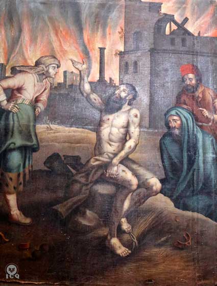 El Santo Job y sus tres malos amigos. (Pintura dentro del templo de San Francisco Acatepec, Puebla, México).